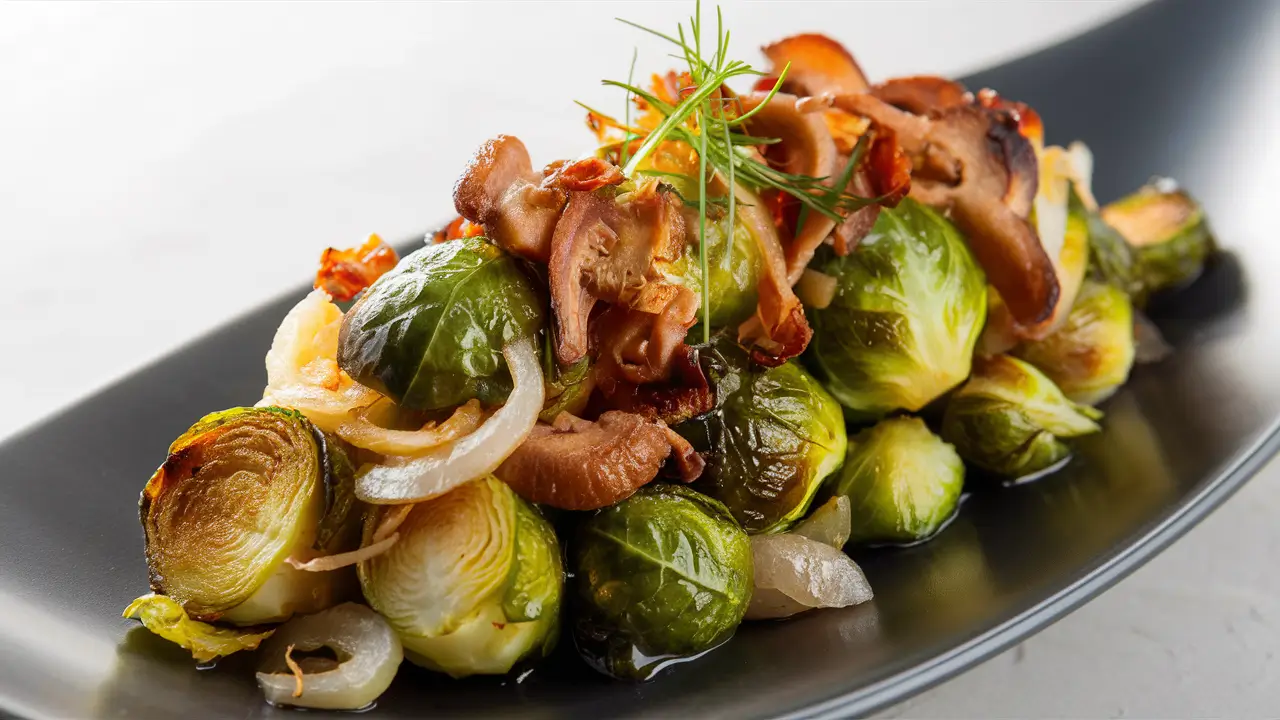 Roasted Brussels Sprouts and Onions with Mushroom Lardons